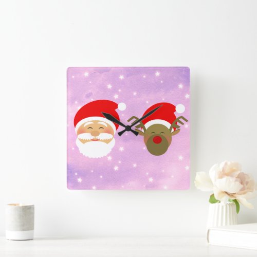 Cute Cartoon Pink Christmas Santa &amp; Reindeer Square Wall Clock