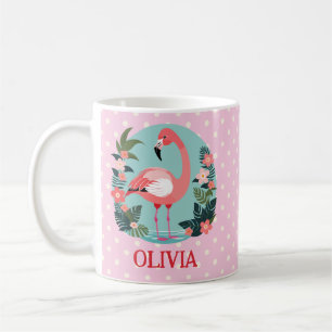 Cute Cartoon Pink Flamingo and Polka Dots Coffee Mug