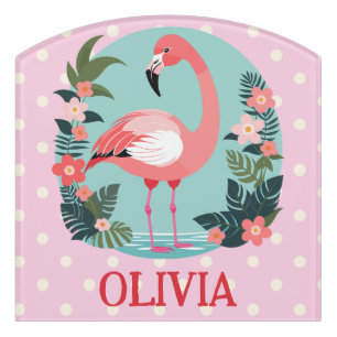 Cute Cartoon Pink Floral Flamingo with Polka Dots Door Sign