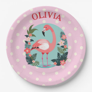 Cute Cartoon Pink Floral Flamingo with Polka Dots Paper Plates