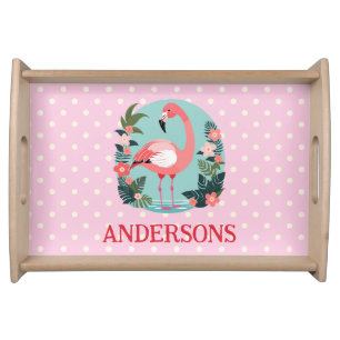 Cute Cartoon Pink Floral Flamingo with Polka Dots Serving Tray
