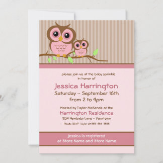 Cute Cartoon Pink Owl Baby Sprinkle Invitations