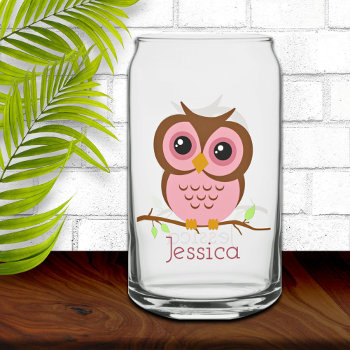 Cute Cartoon Pink Owl Can Glass by reflections06 at Zazzle