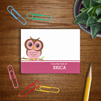 Cute Cartoon Pink Owl Personalized Post-it Notes by reflections06 at Zazzle