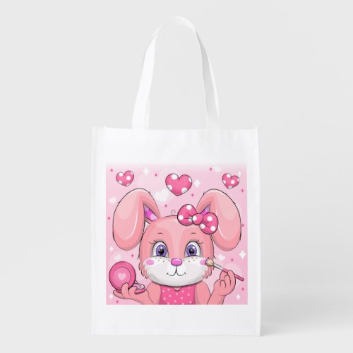 Cute cartoon pink rabbit do makeup  grocery bag