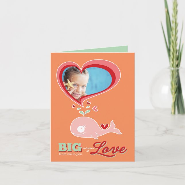 Cute Cartoon Pink Whale Kid Valentine Photo Card (Front)