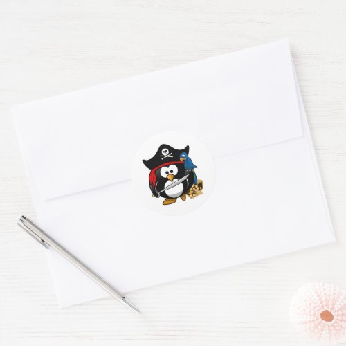 Cute Cartoon Pirate Penguin with Parrot Classic Round Sticker