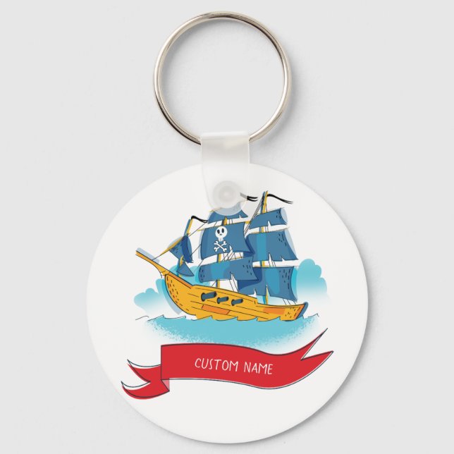 Cute Cartoon Pirate Ship Custom text Keychain (Front)