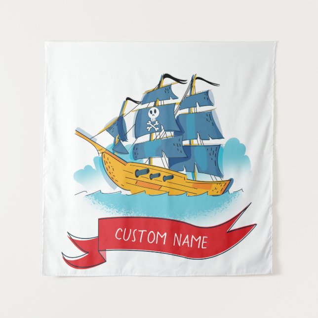 Cute Cartoon Pirate Ship Custom text Tapestry (Front)