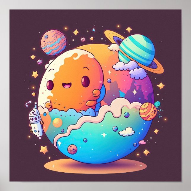 Cute cartoon planets in outer space. poster (Front)