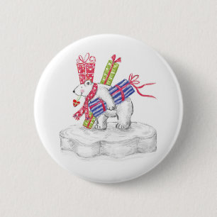 Cute Cartoon Polar Bear with Christmas Presents Button