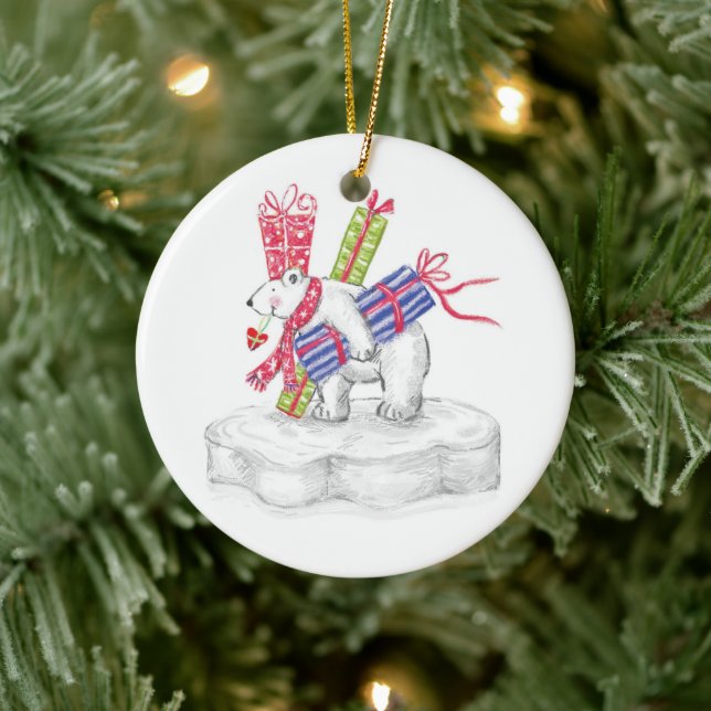 Cute Cartoon Polar Bear with Christmas Presents Ceramic Ornament (Tree)