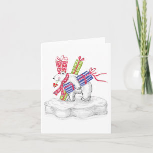 Cute Cartoon Polar Bear with Christmas Presents Holiday Card