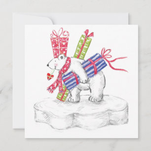Cute Cartoon Polar Bear with Christmas Presents Holiday Card