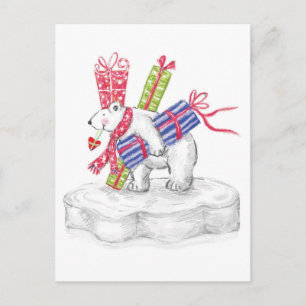 Cute Cartoon Polar Bear with Christmas Presents Holiday Postcard