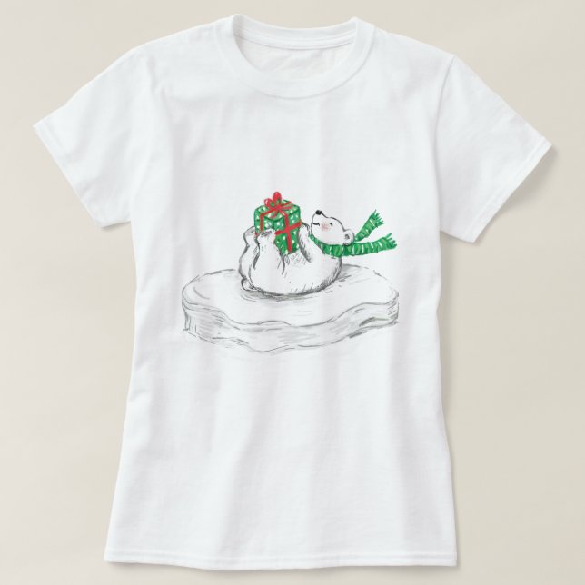 Cute Cartoon Polar Bear with Christmas Presents T-Shirt (Design Front)