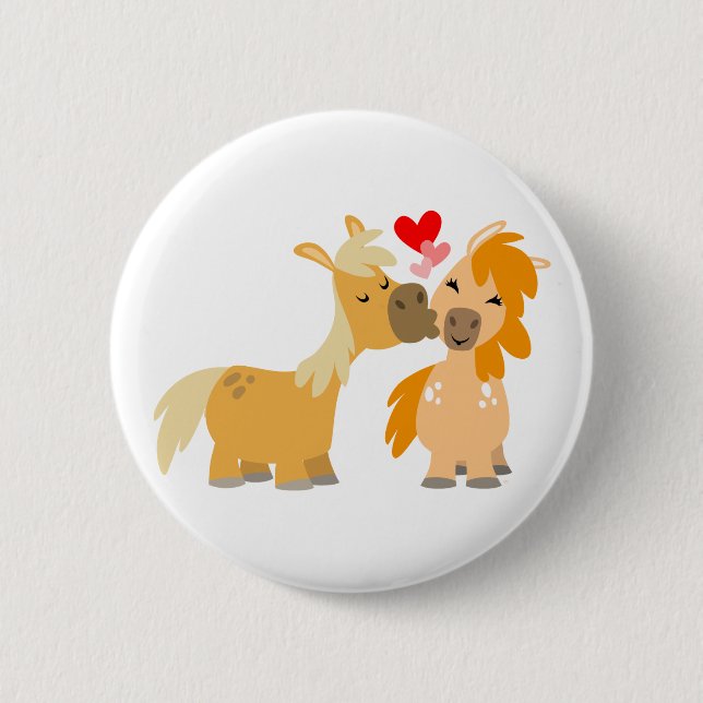 Cute Cartoon Ponies in Love Pinback Button (Front)