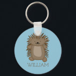Cute Cartoon Porcupine with Your Name or Text Keychain<br><div class="desc">Create a fun keychain that's perfect for animal lovers and fans of porcupines. This key ring is ready to be personalized with a name or other text and features an illustration of a cute cartoon porcupine in brown and tan set against a light blue background.</div>