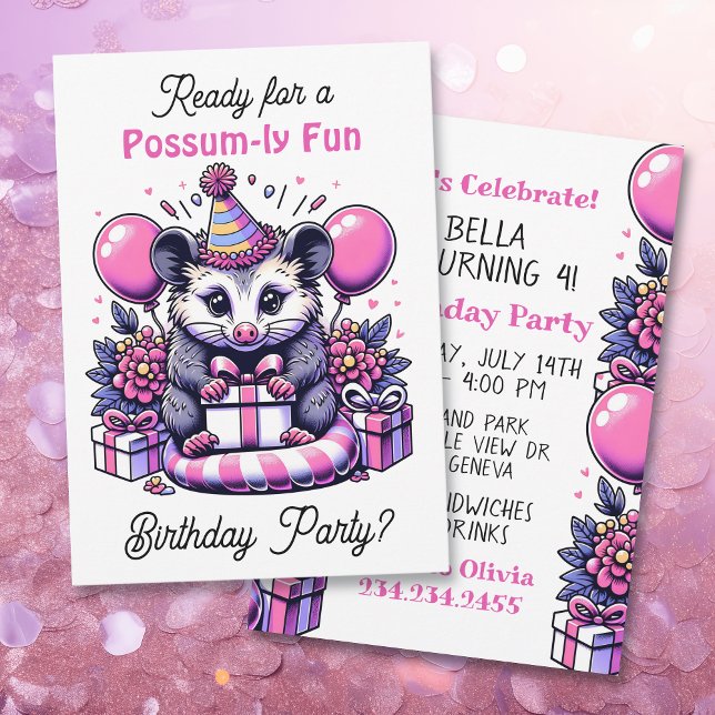 Cute Cartoon Possum Girl's Birthday Party Invitation (Creator Uploaded)