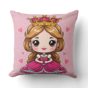 Cute Cartoon Princess in Pink Dress 👑 Throw Pillow