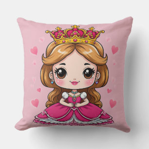 Cute Cartoon Princess in Pink Dress 👑 Throw Pillow