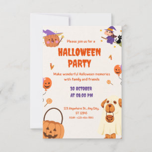 Cute Cartoon Pumpkin and Dog Halloween Party RSVP Card