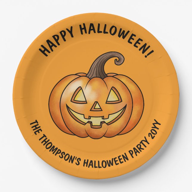 Cute Cartoon Pumpkin Orange Happy Halloween Paper Plates (Front)