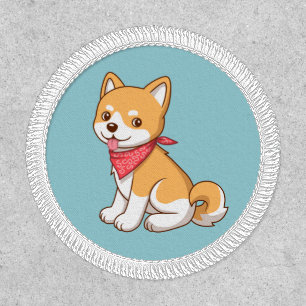 Cute Cartoon Puppy Dog Shiba Inu on Blue Patch
