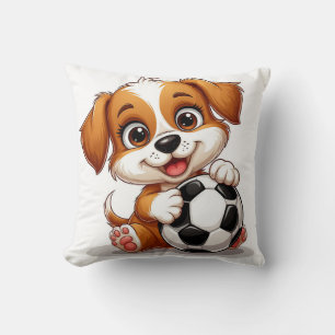Cute Cartoon Puppy Holding Soccer Ball Throw Pillow