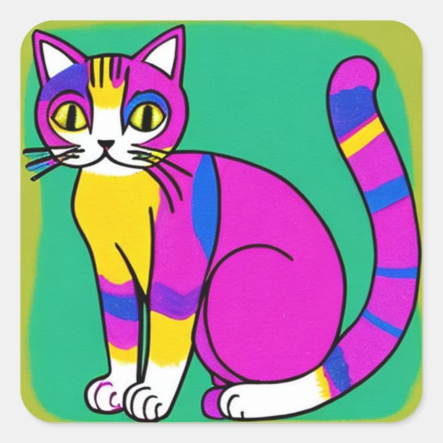 Cute Cartoon Purple, Blue and Yellow Cat  Square Sticker (Front)