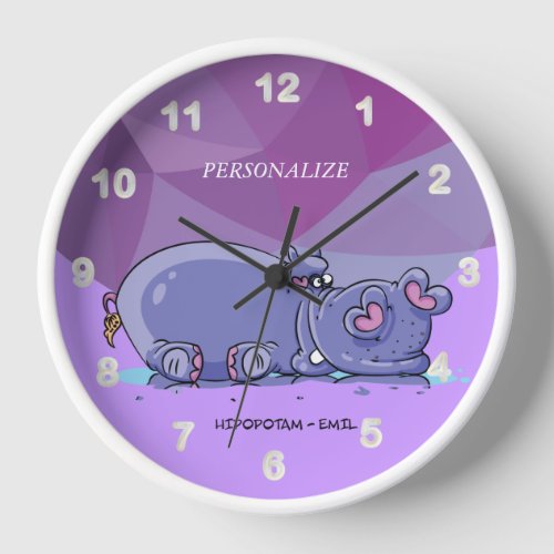 Cute Cartoon Purple Hippo Wall Clock