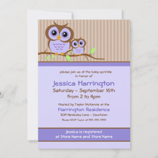 Cute Cartoon Purple Owl Baby Sprinkle Invitations