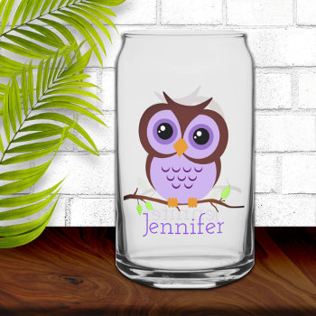 Cute Cartoon Purple Owl Can Glass by reflections06 at Zazzle