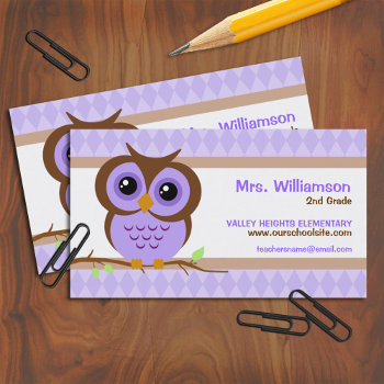 Cute Cartoon Purple Owl Teacher Contact Business Card by reflections06 at Zazzle