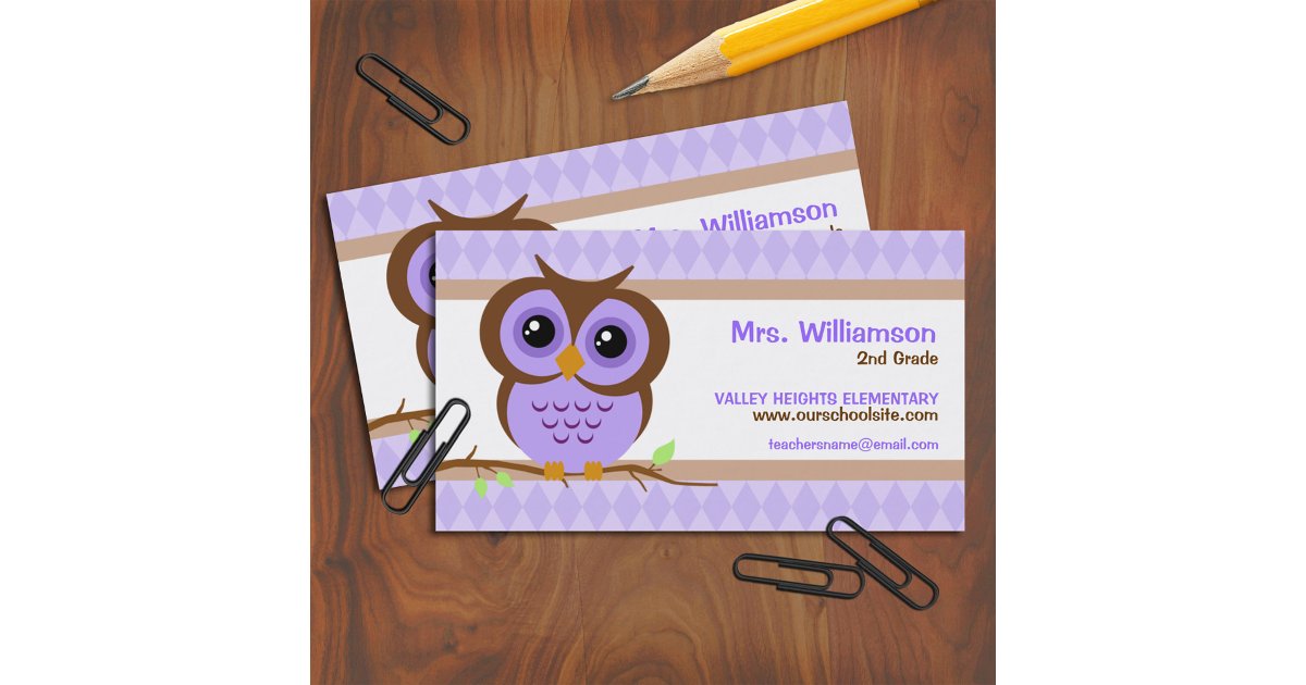 Cute Cartoon Purple Owl Teacher Contact Business Card | Zazzle