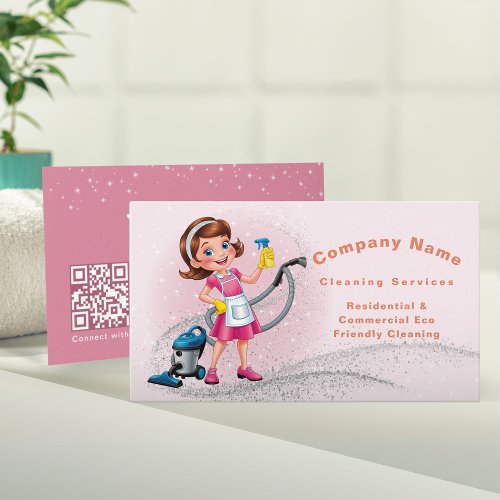 Cute Cartoon QR code Glitter Pink House Cleaning Business Card