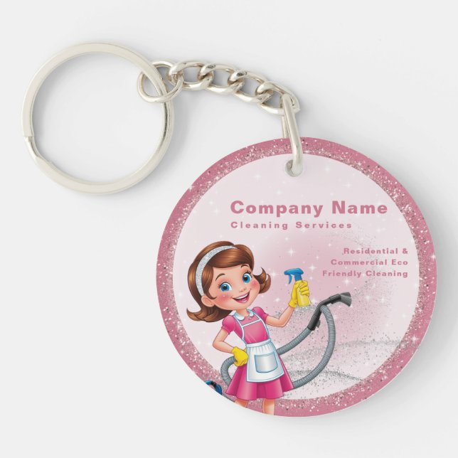 Cute Cartoon QR code Glitter Pink House Cleaning Keychain (Front)