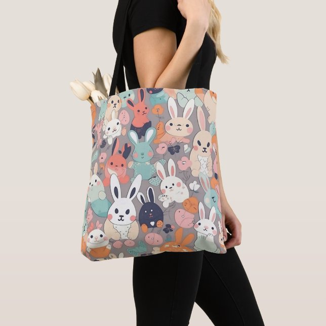 Cute cartoon Rabbit Colorful Tote Bag (Close Up)