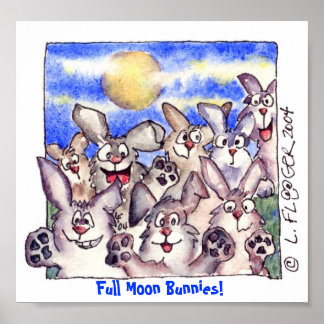 Cute Cartoon Rabbit Full Moon Poster Print