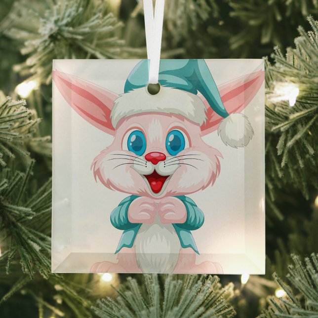 Cute cartoon rabbit  glass ornament (The Rabbit is wearing a light blue Winter Hat with white fur!)
