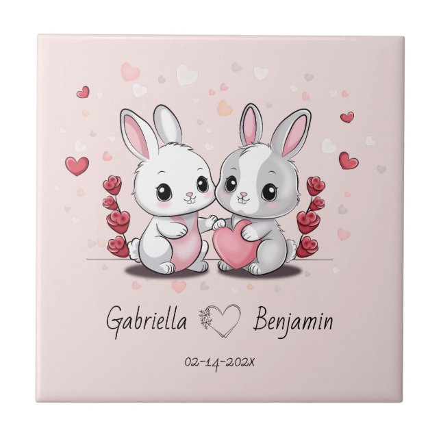 Cute Cartoon Rabbit Lovers Heart Valentine’s Day Ceramic Tile (Front)