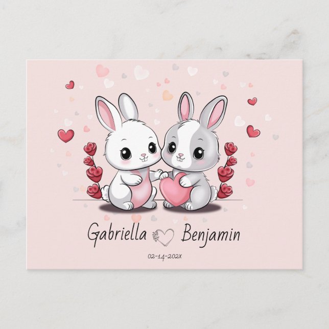 Cute Cartoon Rabbit Lovers Heart Valentine’s Day Postcard (Front)