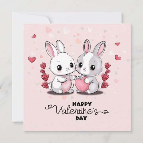 Cute Cartoon Rabbit Lovers Hearts Valentineâs Day Holiday Card