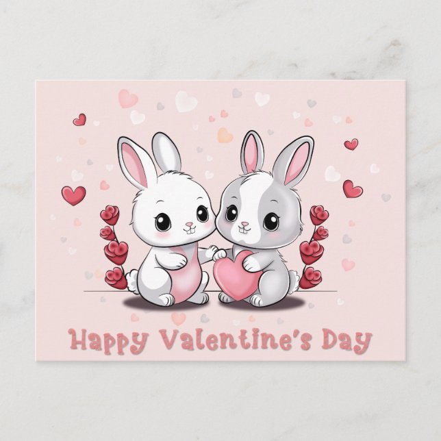 Cute Cartoon Rabbit Lovers Hearts Valentine’s Day  Postcard (Front)