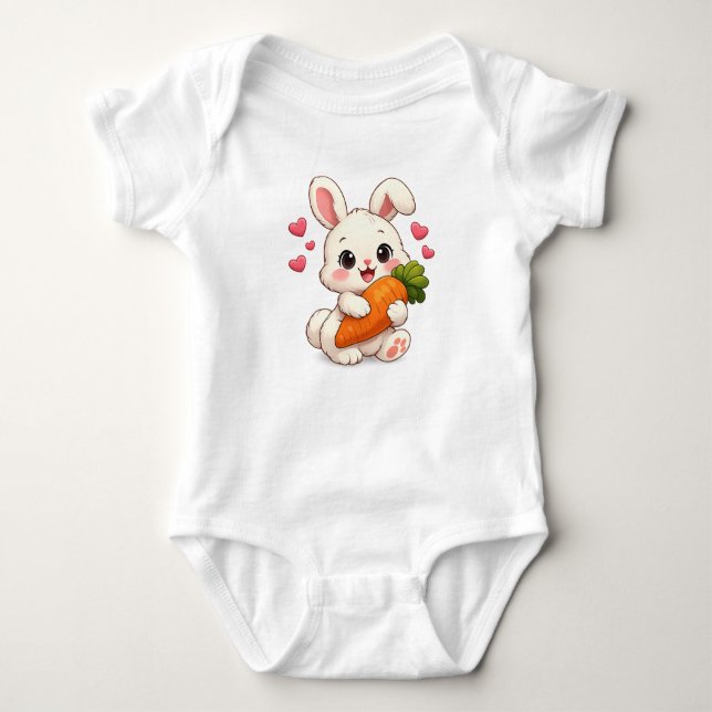 Cute cartoon rabbit with a big carrot in its hands baby bodysuit (Front)