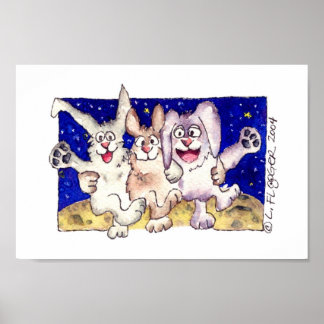 Cute Cartoon Rabbits Moon Dancing Poster Print