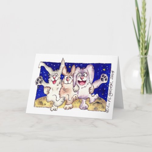 Cute Cartoon Rabbits on the Moon Note Card
