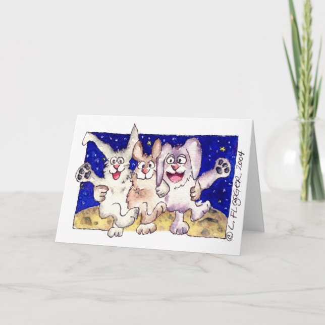 Cute Cartoon Rabbits on the Moon Note Card (Front)