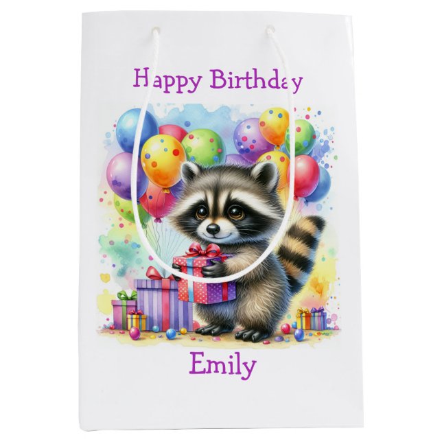 Cute Cartoon Raccoon Birthday Personalized Medium Gift Bag (Front)