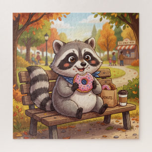 Cute Cartoon Raccoon Eating Strawberry Donut Jigsaw Puzzle